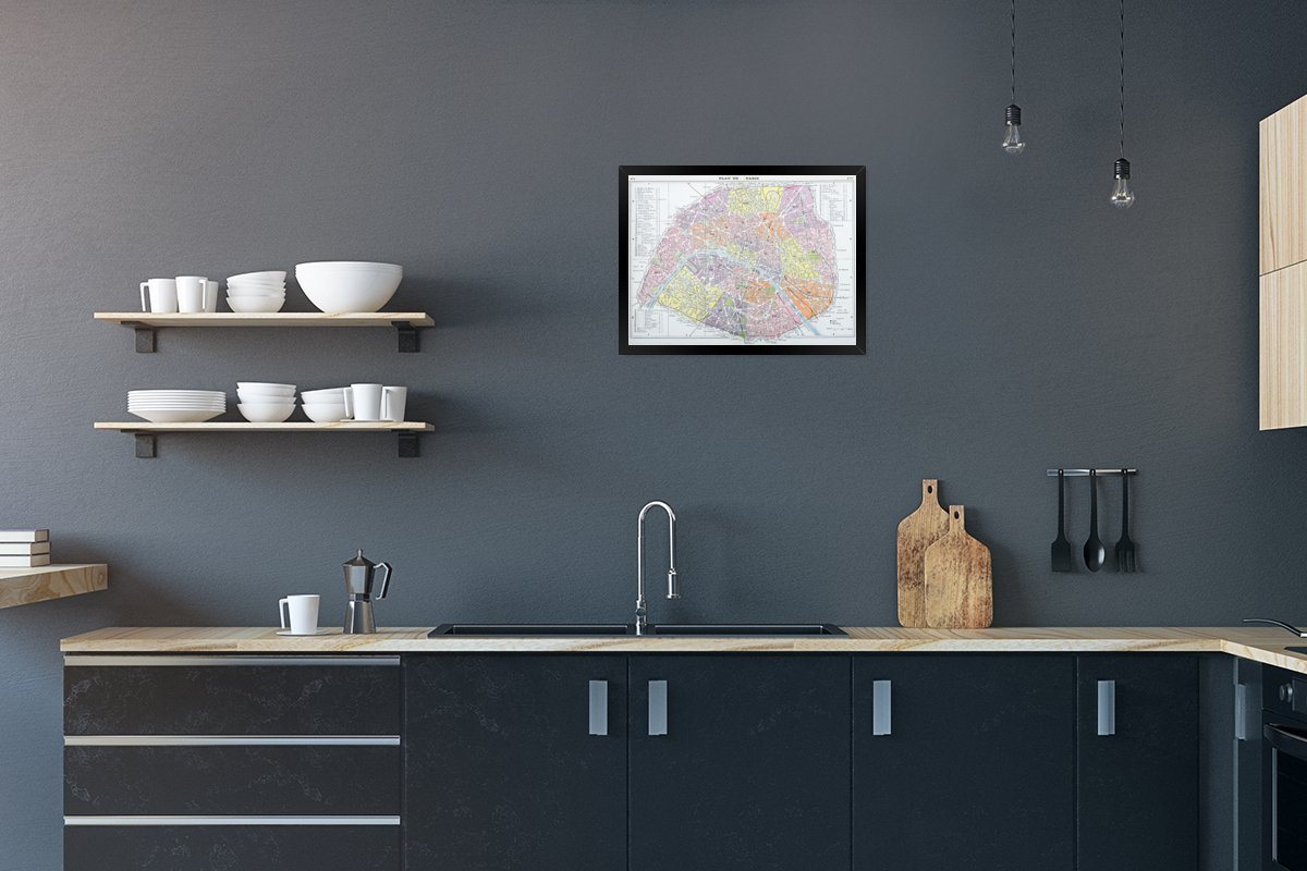 MuchoWow Poster Paris - Karte - Lila, (1 St), Bilderrahmen, Deko für Wohnzimmer und Schlafzimmer, 40x30 cm von MuchoWow