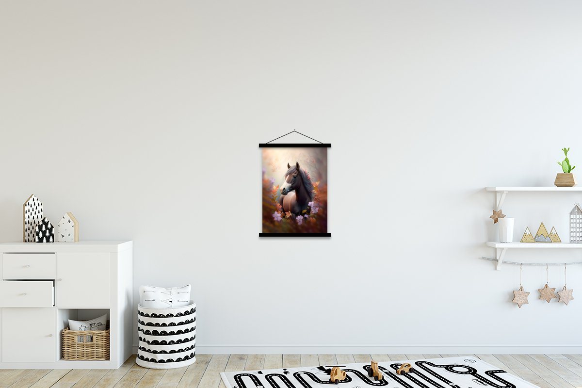 MuchoWow Poster Pferd - Blumen - Natur - Lila - Tiere, (1 St), Magnetische Posterleiste, Holzleisten, Textilposter, 40x53 cm von MuchoWow