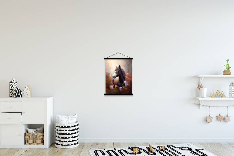 MuchoWow Poster Pferd - Blumen - Natur - Lila - Tiere, (1 St), Magnetische Posterleiste, Holzleisten, Textilposter, 40x53 cm von MuchoWow