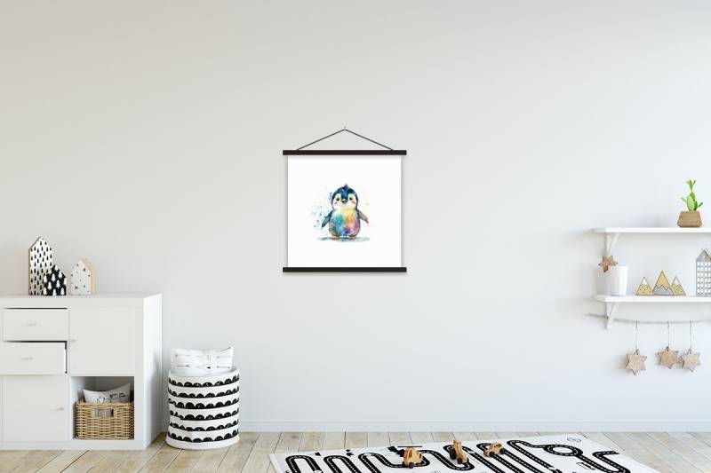 MuchoWow Poster Pinguin - Regenbogen - Aquarell - Tiere - Kinder, (1 St), Magnetische Posterleiste, Holzleisten, Textilposter, 40x40 cm von MuchoWow