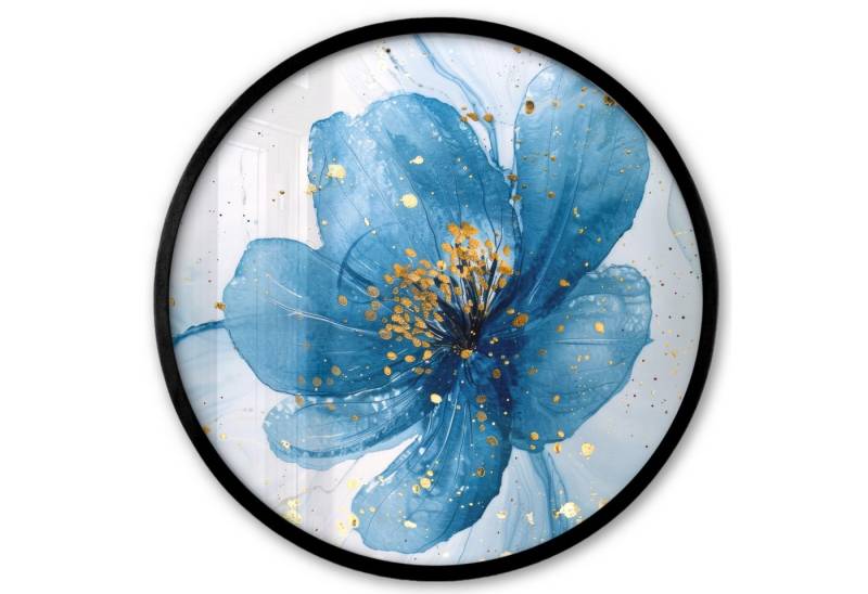 MuchoWow Poster Rund - Blumen - Blau - Gold - Aquarell - Modern, (1 St), Runde Wandbilder, Deko für Wohnzimmer und Schlafzimmer, 40x40 cm von MuchoWow