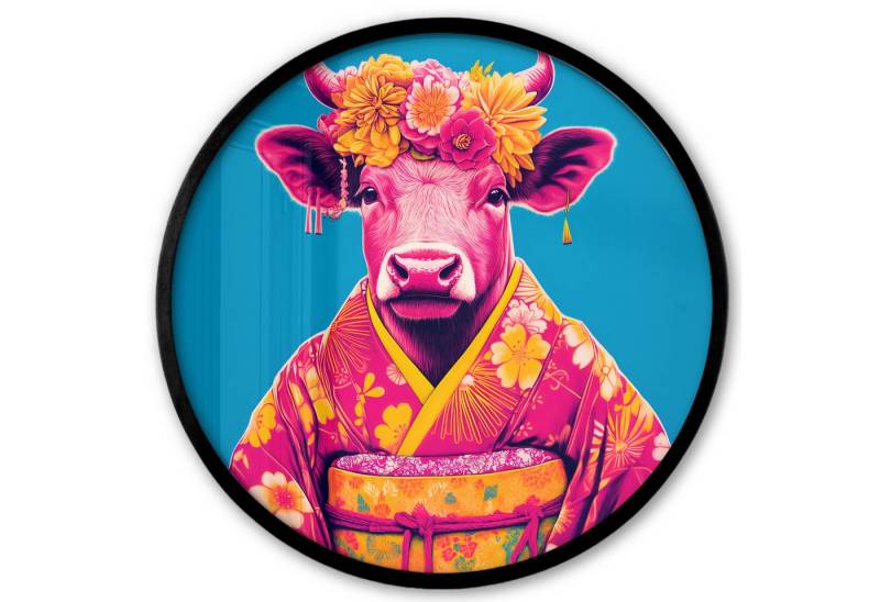 MuchoWow Poster Rund - Kuh - Blütenkranz - Ohrringe - Kimono, (1 St), Runde Wandbilder, Deko für Wohnzimmer und Schlafzimmer, 40x40 cm von MuchoWow