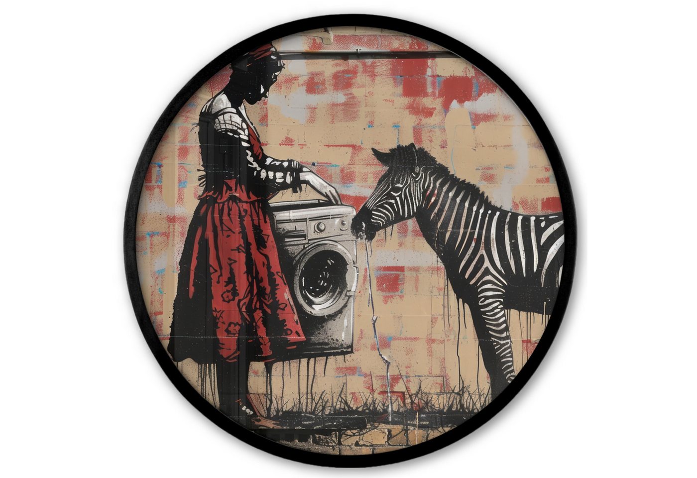 MuchoWow Poster Rund - Straßenkunst - Zebra - Frau - Tiere - Graffiti - Banksy-Stil, (1 St), Runde Wandbilder, Deko für Wohnzimmer und Schlafzimmer, 40x40 cm von MuchoWow