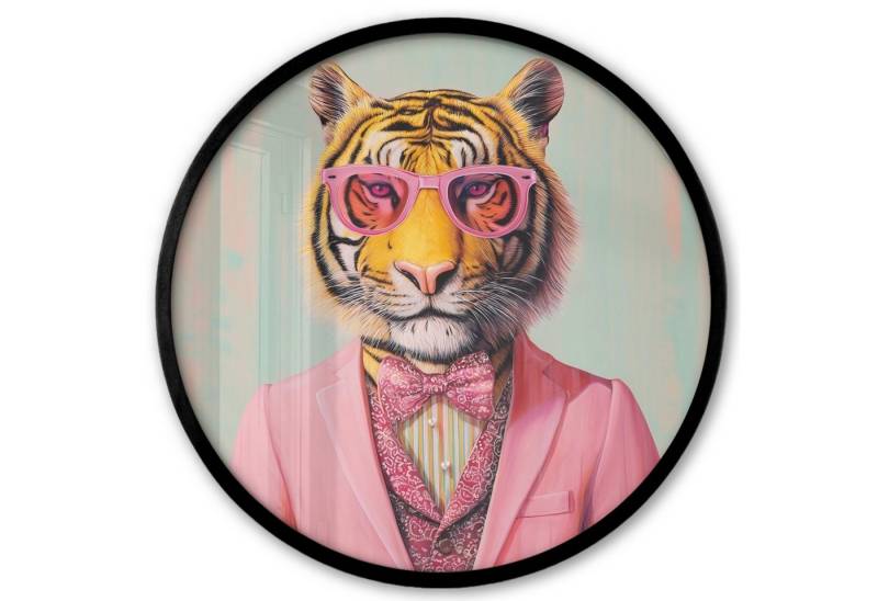 MuchoWow Poster Rund - Tiger - Fliege - Jacke - Rosa, (1 St), Runde Wandbilder, Deko für Wohnzimmer und Schlafzimmer, 40x40 cm von MuchoWow