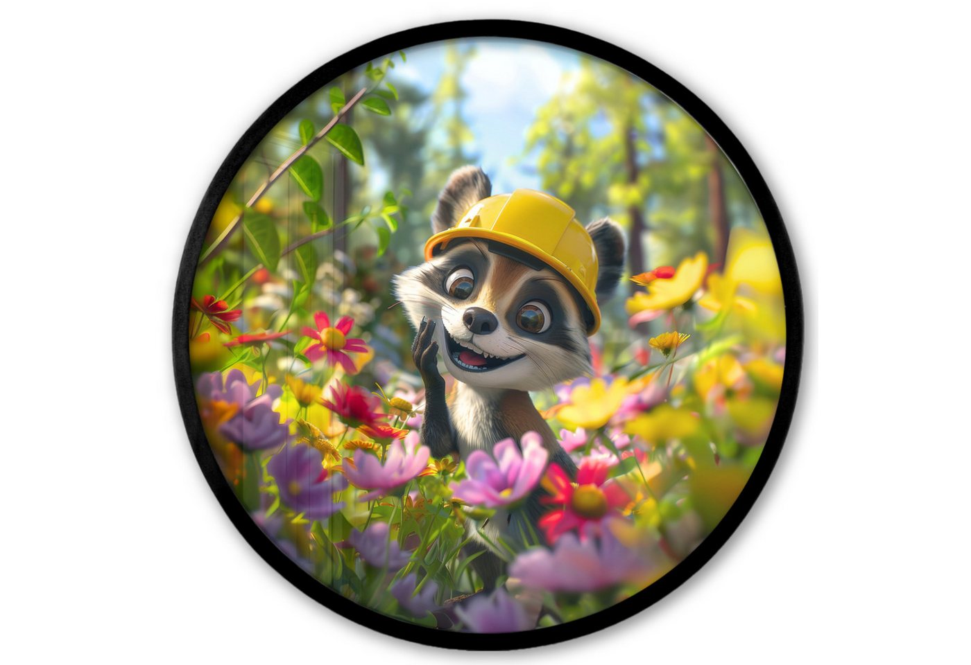 MuchoWow Poster Rund - Waschbär - Natur - Blumen - Bauhelm, (1 St), Runde Wandbilder, Deko für Wohnzimmer und Schlafzimmer, 40x40 cm von MuchoWow