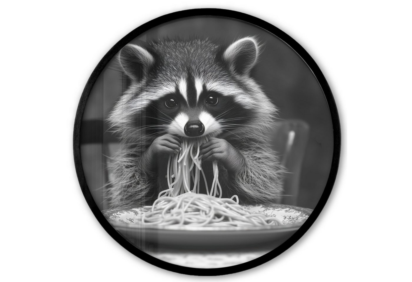 MuchoWow Poster Rund - Waschbär - Niedlich - Pasta - Tischtuch - Schwarz - Weiß, (1 St), Runde Wandbilder, Deko für Wohnzimmer und Schlafzimmer, 40x40 cm von MuchoWow
