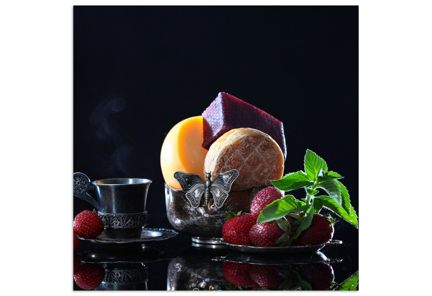MuchoWow Poster Rustikal - Obst - Käse - Tisch - Stilleben, (1 St), Poster ohne Rahmen, Wandbild, Wandposter, 30x30 cm von MuchoWow