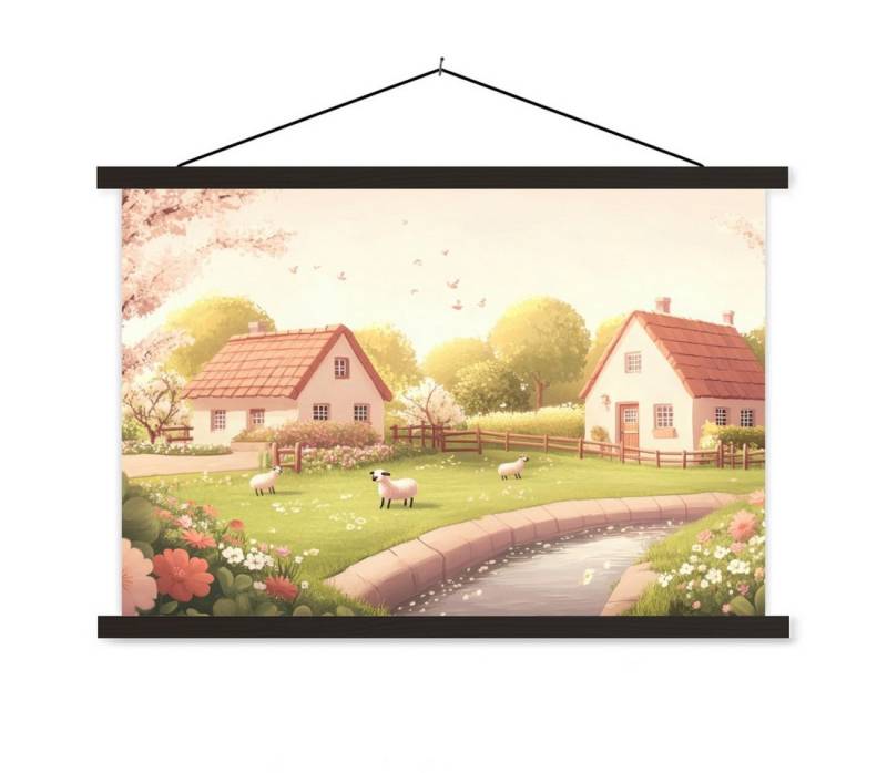 MuchoWow Poster Schafe - Hütte - Landleben, (1 St), Magnetische Posterleiste, Holzleisten, Textilposter, 60x40 cm von MuchoWow