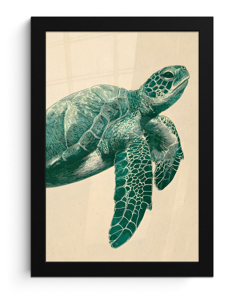 MuchoWow Poster Schildkröte - Elegant - Grün - Schild, (1 St), Bilderrahmen, Zimmer Deko, Bild für Wohnzimmer, 20x30 cm von MuchoWow