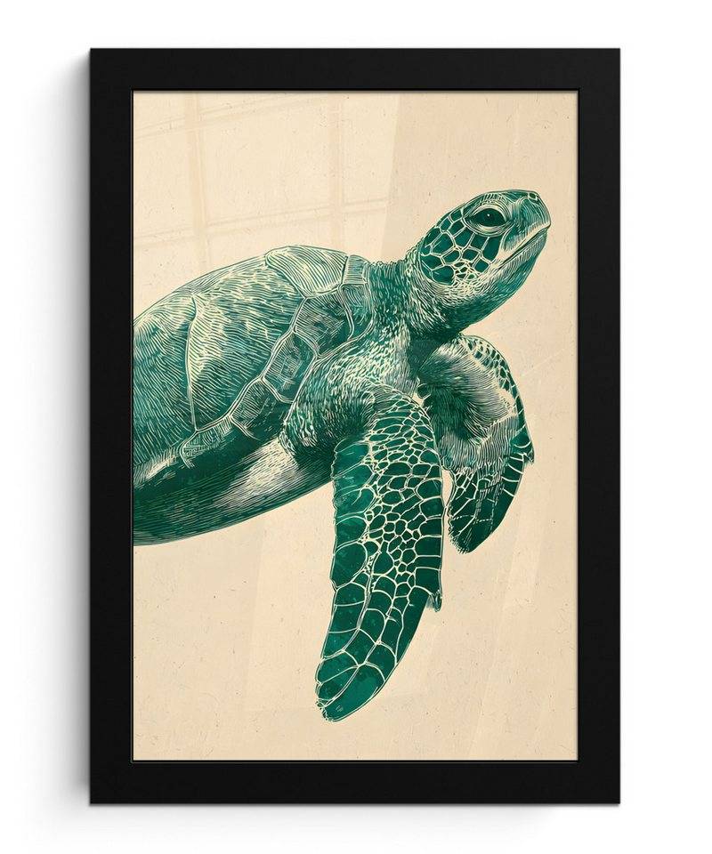 MuchoWow Poster Schildkröte - Elegant - Grün - Schild, (1 St), Bilderrahmen, Zimmer Deko, Bild für Wohnzimmer, 20x30 cm von MuchoWow