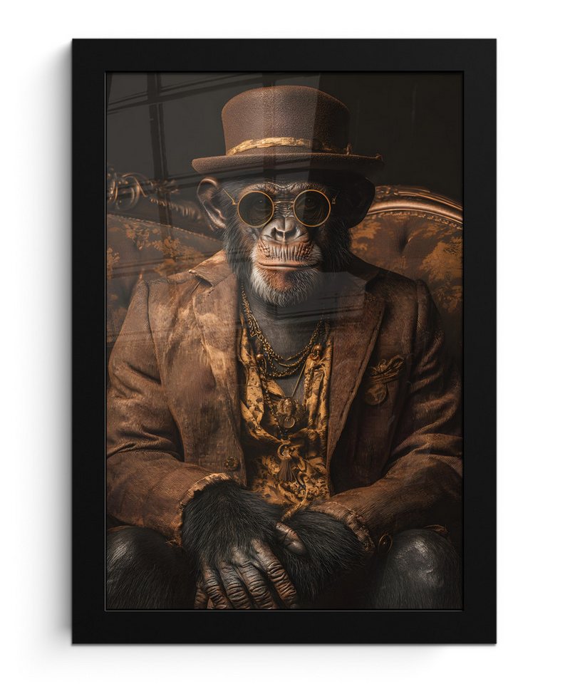 MuchoWow Poster Schimpanse - Stuhl - Anzug - Braun, (1 St), Wandbilder, Deko Wohnzimmer Schlafzimmer, 30x20 cm von MuchoWow
