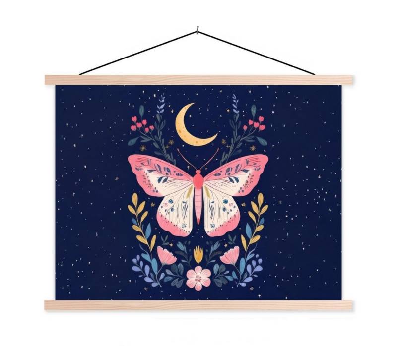 MuchoWow Poster Schmetterling - Mond - Blumen - Sternenhimmel, (1 St), Posterleiste, Textilposter für Wohnzimmer, Bilderleiste, 40x30 cm von MuchoWow