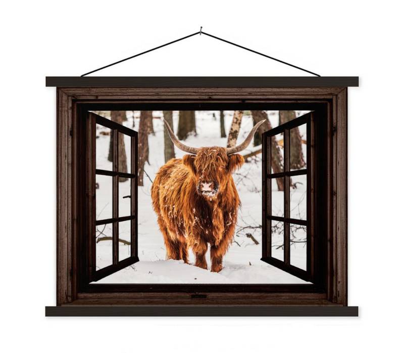 MuchoWow Poster Schottischer Highlander - Schnee - Natur - Tiere - Durchsichtig - Wint, (1 St), Magnetische Posterleiste, Holzleisten, Textilposter, 40x30 cm von MuchoWow