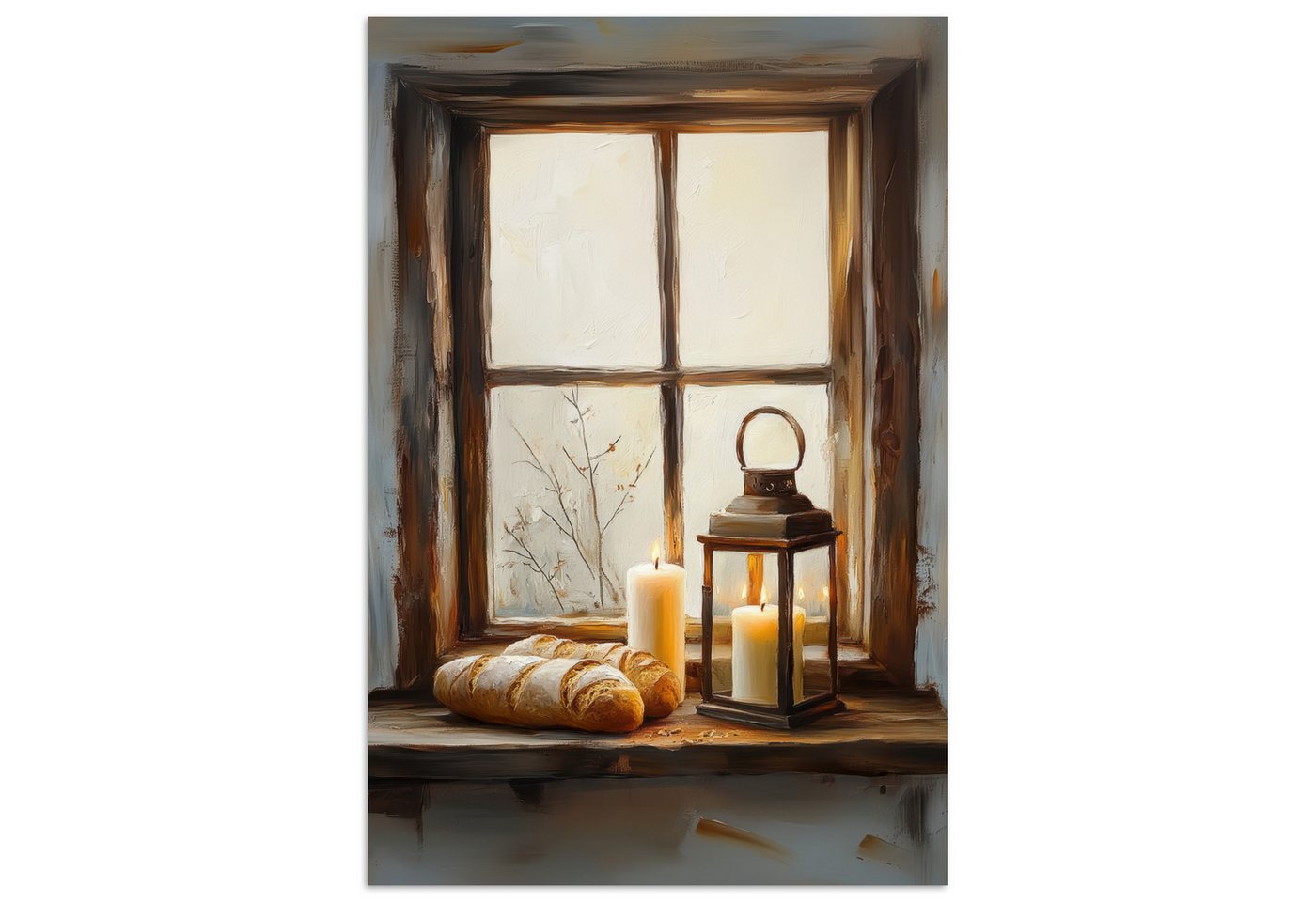 MuchoWow Poster Stilleben - Rustikal - Kerzen - Brote - Fenster, (1 St), Poster ohne Rahmen, Wandbild, Wandposter, 30x20 cm von MuchoWow