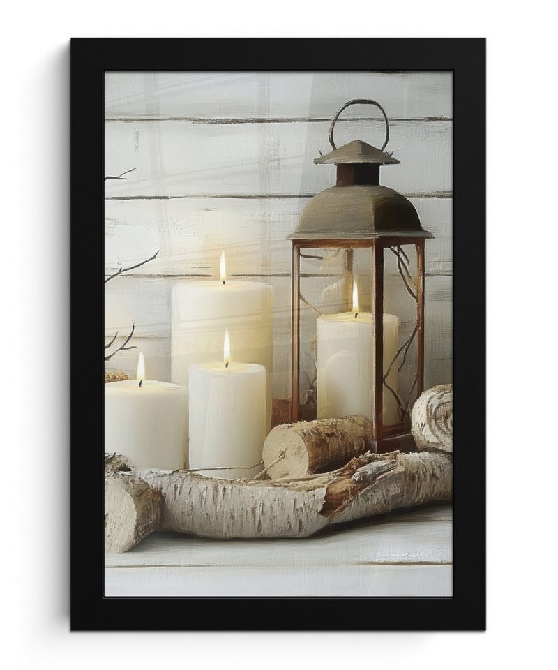 MuchoWow Poster Stilleben - Weiß - Kerzen - Rustikal - Natur, (1 St), Bilderrahmen, Zimmer Deko, Bild für Wohnzimmer, 20x30 cm von MuchoWow