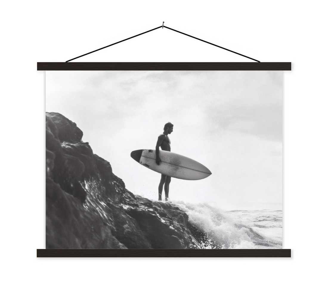 MuchoWow Poster Surfer - Felsen - Ozean - Wellen, (1 St), Magnetische Posterleiste, Holzleisten, Textilposter, 40x30 cm von MuchoWow