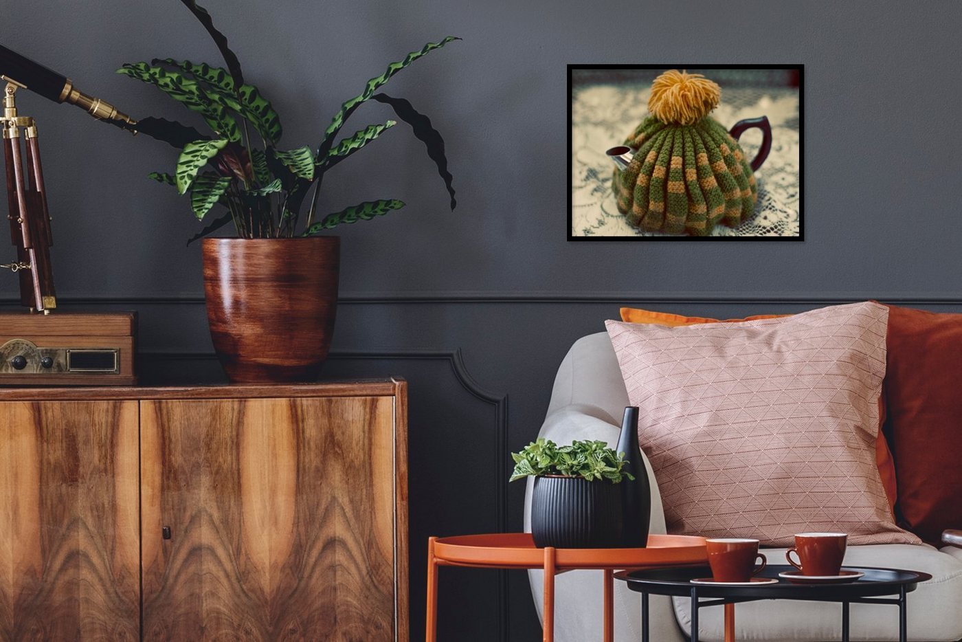 MuchoWow Poster Teekanne mit Teetasse, (1 St), Bilderrahmen, Deko für Wohnzimmer und Schlafzimmer, 40x30 cm von MuchoWow