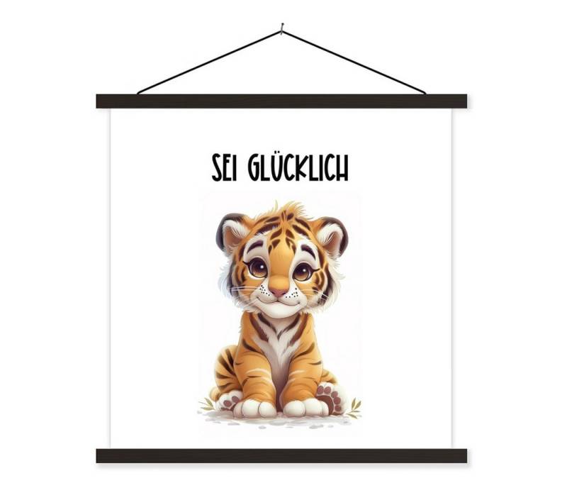 MuchoWow Poster Tiger - Glücklich sein - Zitat - Tier, (1 St), Magnetische Posterleiste, Holzleisten, Textilposter, 40x40 cm von MuchoWow