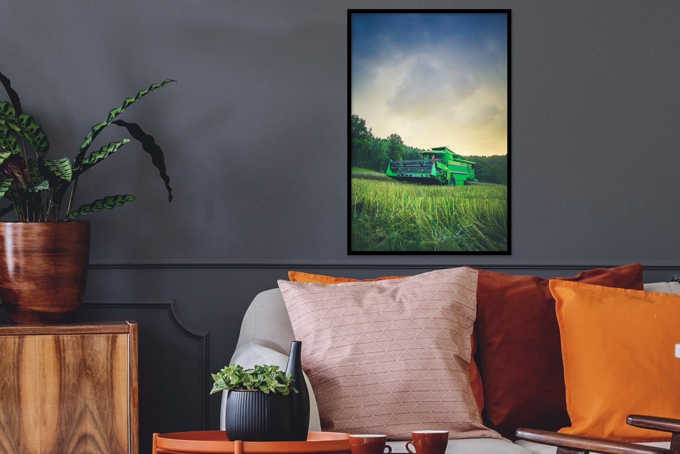 MuchoWow Poster Traktor - Gras - Grün, (1 St), Bilderrahmen, Wanddeko für Wohnzimmer, 40x60 cm von MuchoWow