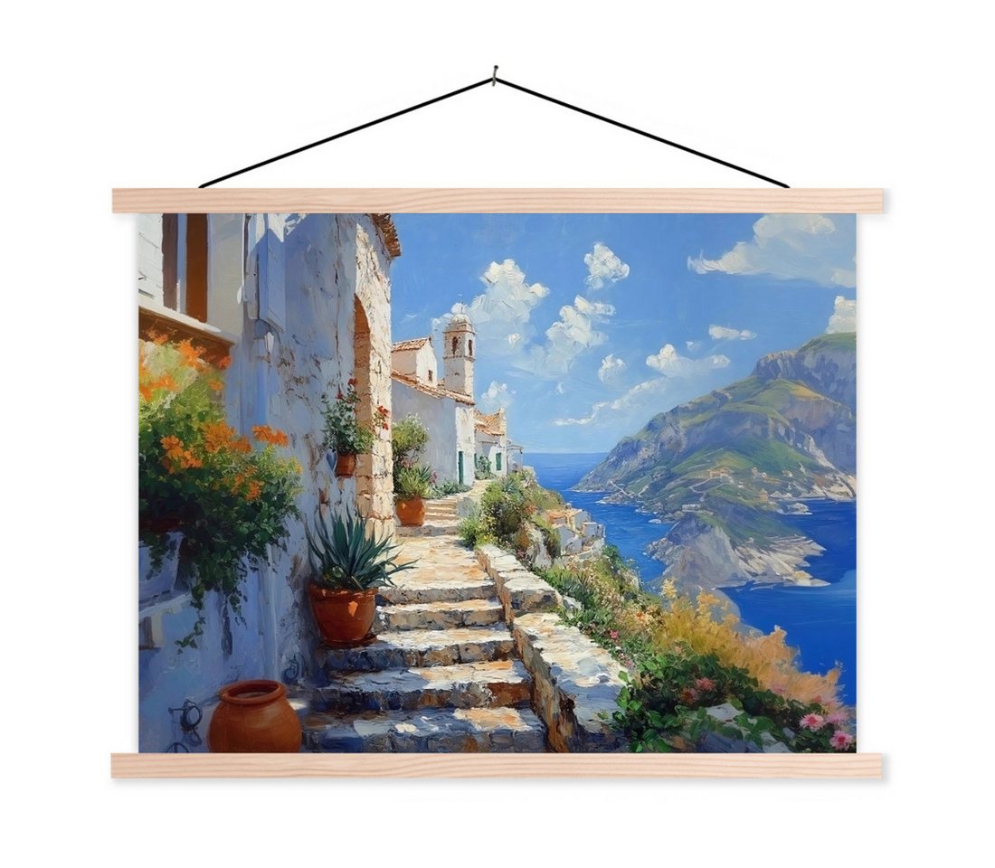 MuchoWow Poster Treppe - Häuser - Berglandschaft - Meer, (1 St), Posterleiste, Textilposter für Wohnzimmer, Bilderleiste, 40x30 cm von MuchoWow