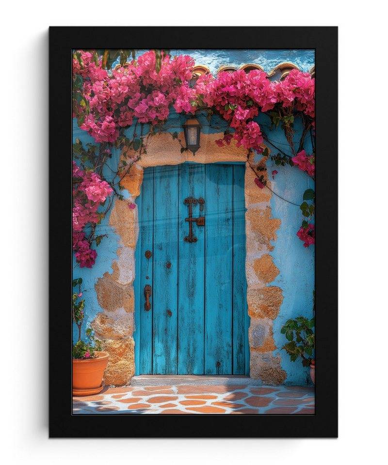 MuchoWow Poster Tür - Holz - Blumen - Blau, (1 St), Bilderrahmen, Zimmer Deko, Bild für Wohnzimmer, 20x30 cm von MuchoWow