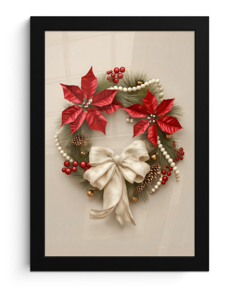 MuchoWow Poster Türkranz - Schleife - Weihnachten - Rot - Grün, (1 St), Bilderrahmen, Zimmer Deko, Bild für Wohnzimmer, 20x30 cm von MuchoWow