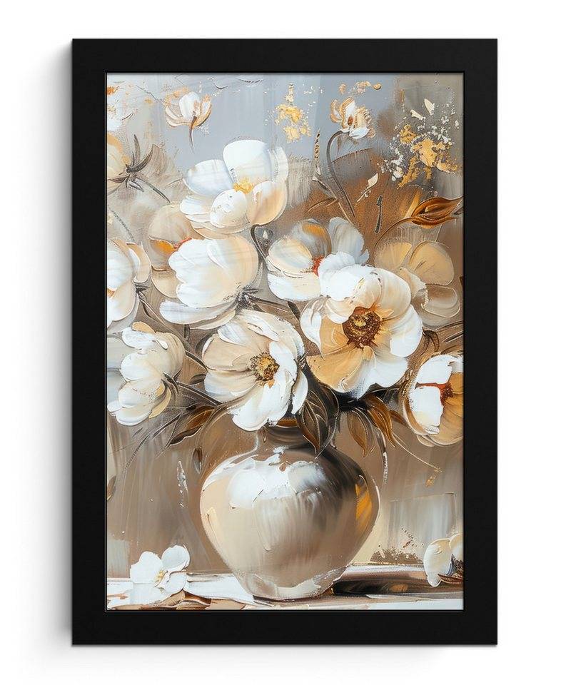 MuchoWow Poster Vase - Blumen - Kunst - Gold, (1 St), Bilderrahmen, Zimmer Deko, Bild für Wohnzimmer, 20x30 cm von MuchoWow