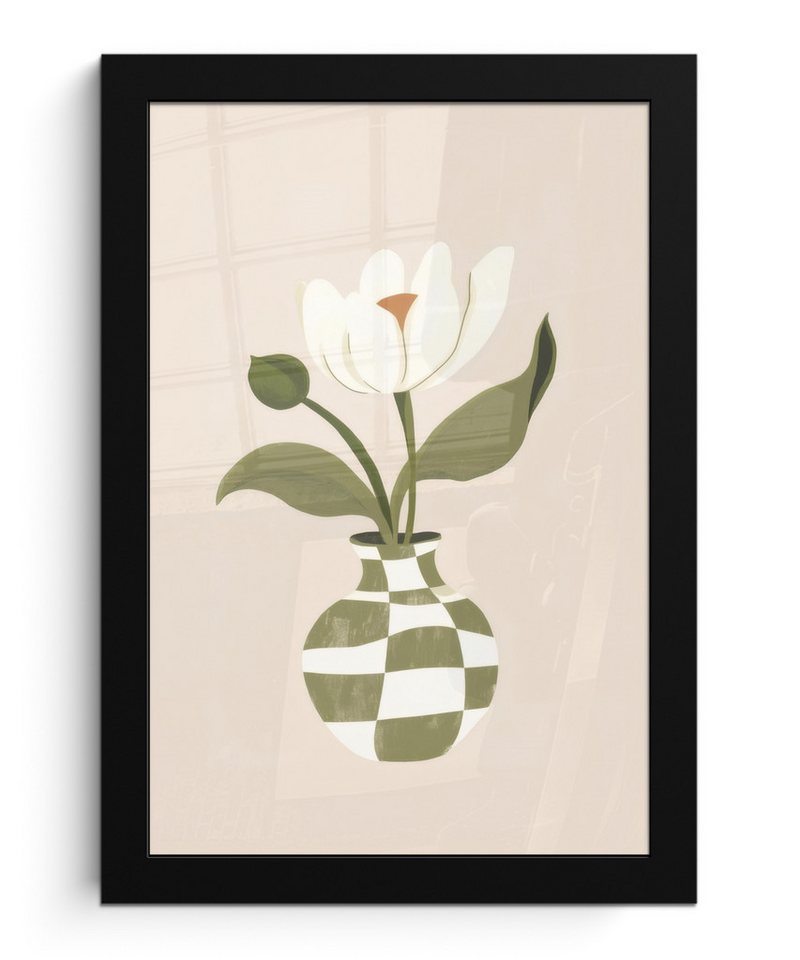 MuchoWow Poster Vase - Kariert - Blume - Grün, (1 St), Bilderrahmen, Zimmer Deko, Bild für Wohnzimmer, 20x30 cm von MuchoWow