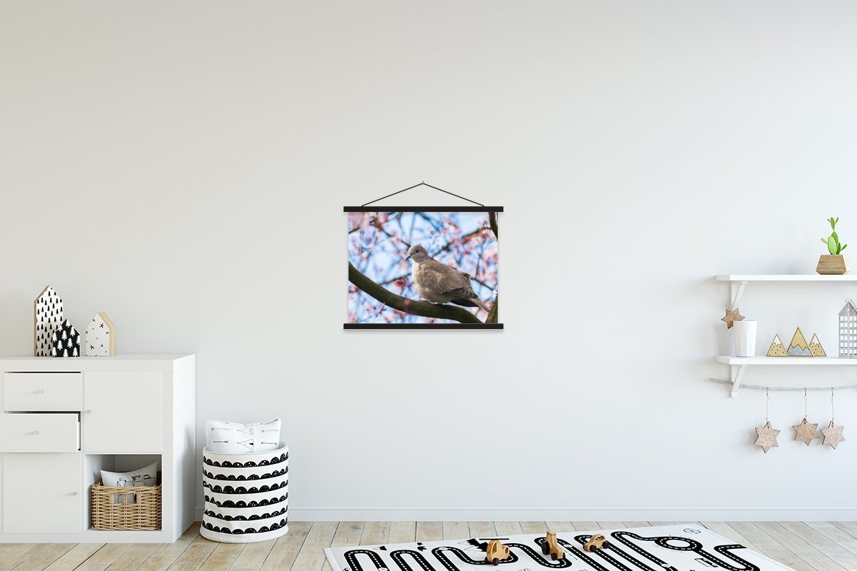 MuchoWow Poster Vogel - Blumen - Taube - Blütenzweige - Rosa, (1 St), Magnetische Posterleiste, Holzleisten, Textilposter, 40x30 cm von MuchoWow