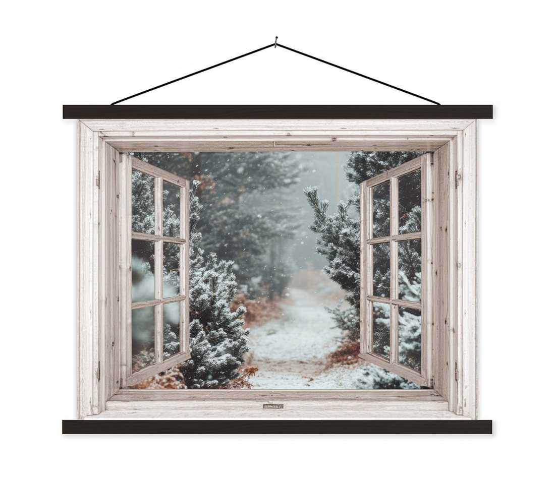 MuchoWow Poster Wald - Winter - Bäume - Natur - Weg - Aussicht - Weiß, (1 St), Magnetische Posterleiste, Holzleisten, Textilposter, 40x30 cm von MuchoWow
