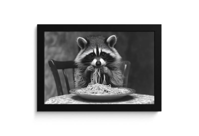 MuchoWow Poster Waschbär - Niedlich - Pasta - Tischtuch - Schwarz - Weiß, (1 St), 30x20 cm von MuchoWow