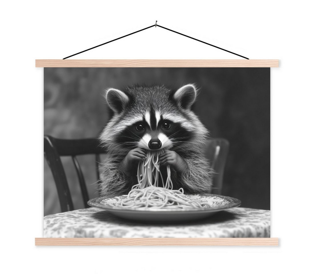 MuchoWow Poster Waschbär - Niedlich - Pasta - Tischtuch - Schwarz - Weiß, (1 St), Posterleiste, Textilposter für Wohnzimmer, Bilderleiste, 40x30 cm von MuchoWow