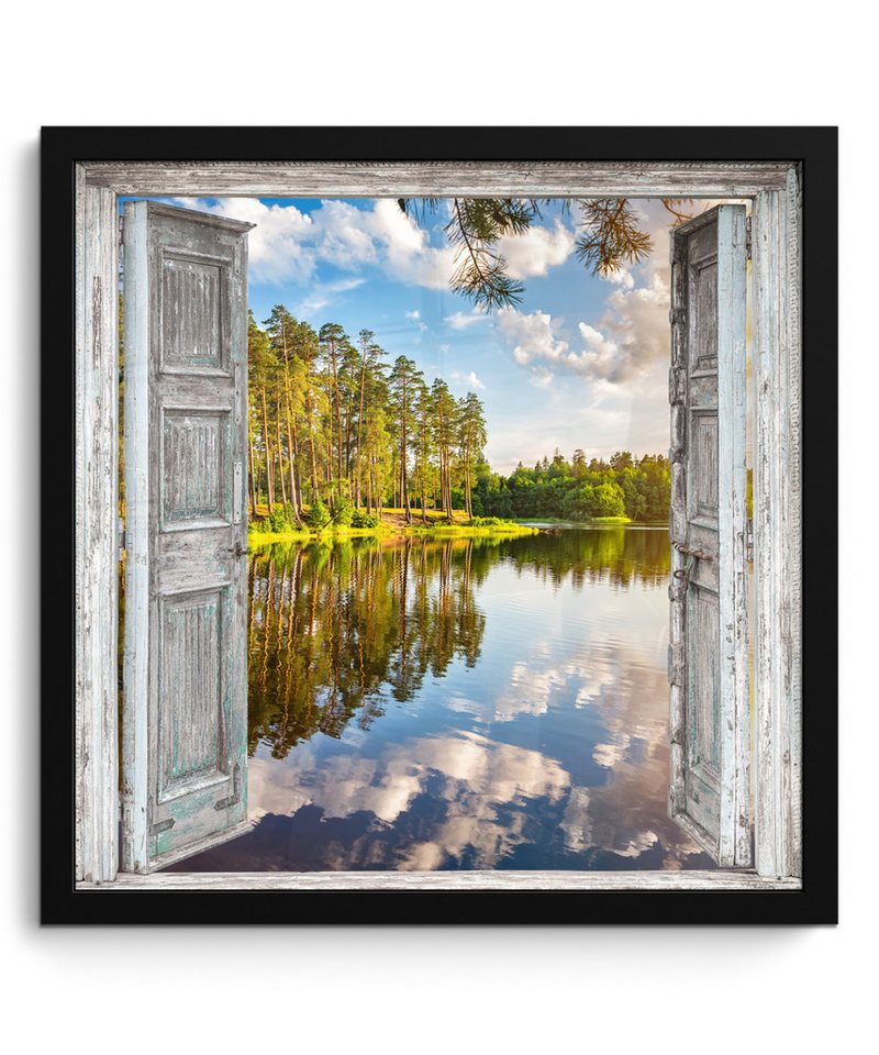 MuchoWow Poster Wasser - Landschaft - Fenster - Aussicht, (1 St), Bilderrahmen, Wand Dekoration Schlafzimmer, 40x40 cm von MuchoWow