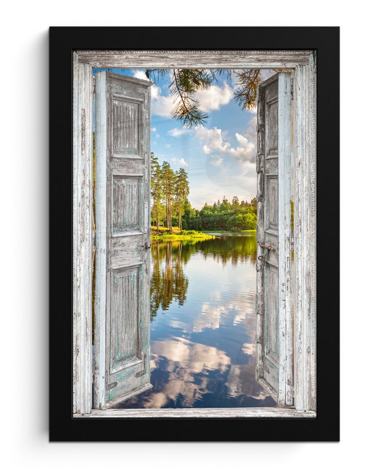 MuchoWow Poster Wasser - Landschaft - Fenster - Aussicht, (1 St), Bilderrahmen, Zimmer Deko, Bild für Wohnzimmer, 20x30 cm von MuchoWow