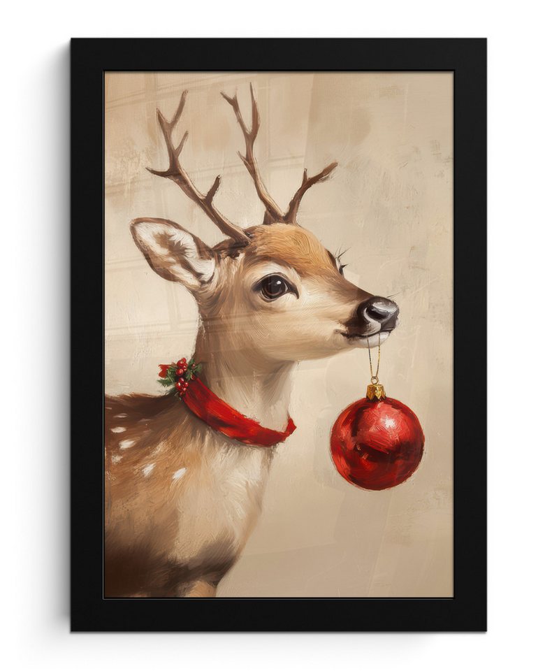 MuchoWow Poster Weihnachten - Hirsch - Geweih - Weihnachtskugel - Rentier, (1 St), Bilderrahmen, Zimmer Deko, Bild für Wohnzimmer, 20x30 cm von MuchoWow