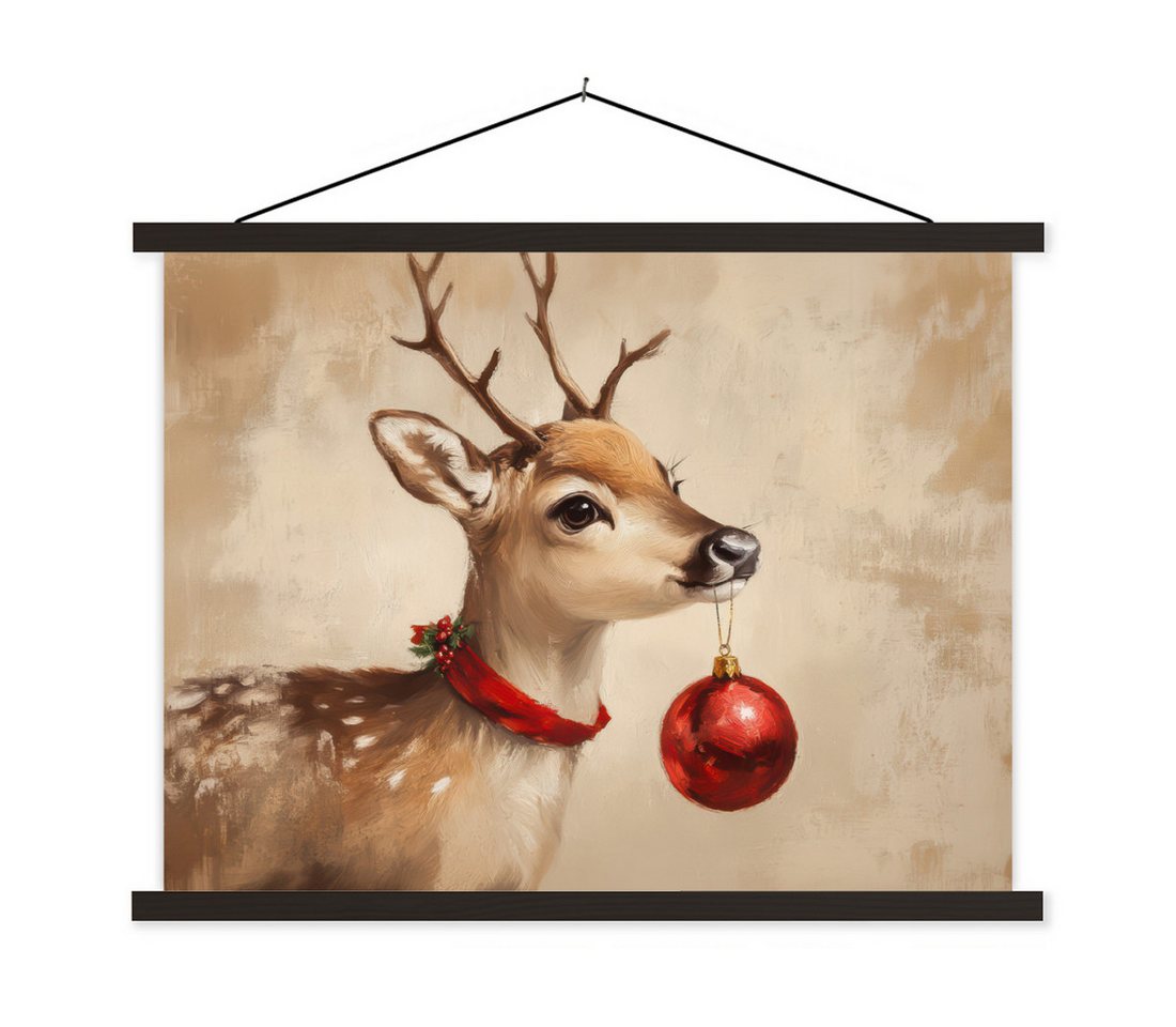MuchoWow Poster Weihnachten - Hirsch - Geweih - Weihnachtskugel - Rentier, (1 St), Magnetische Posterleiste, Holzleisten, Textilposter, 40x30 cm von MuchoWow