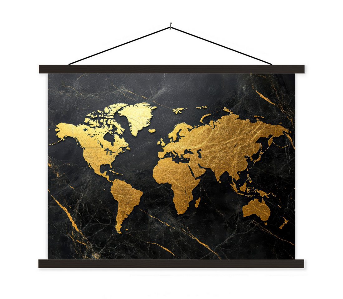 MuchoWow Poster Weltkarte - Gold - Marmor, (1 St), Magnetische Posterleiste, Holzleisten, Textilposter, 40x30 cm von MuchoWow