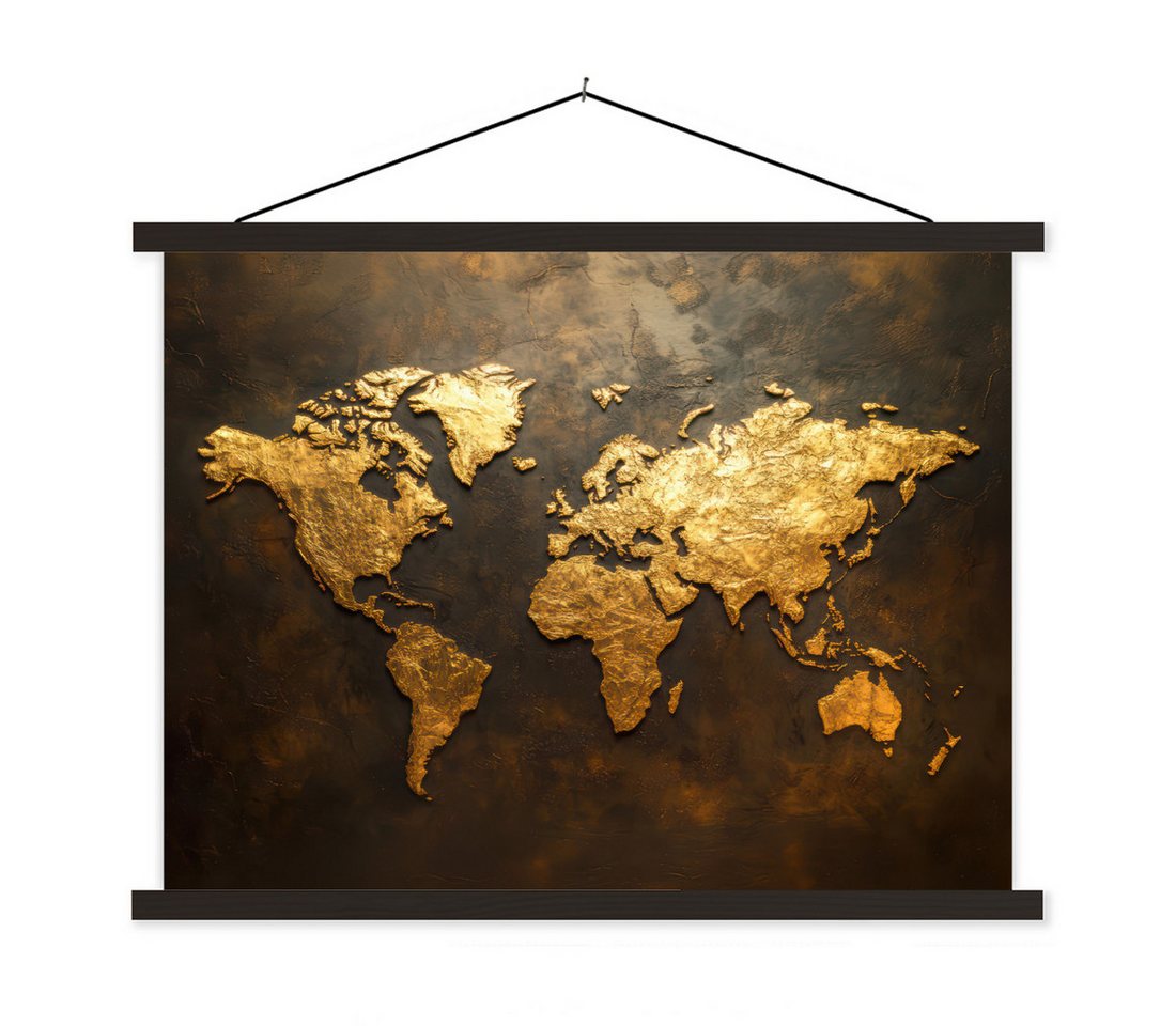 MuchoWow Poster Weltkarte - Gold - Rost, (1 St), Magnetische Posterleiste, Holzleisten, Textilposter, 40x30 cm von MuchoWow