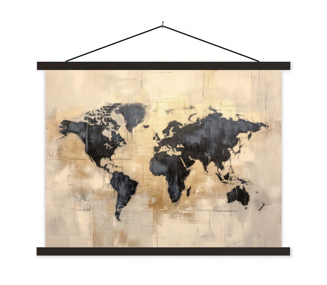 MuchoWow Poster Weltkarte - Gold - Schwarz - Abstrakt, (1 St), Magnetische Posterleiste, Holzleisten, Textilposter, 40x30 cm von MuchoWow