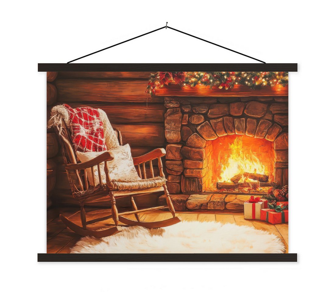 MuchoWow Poster Winter - Weihnachten - Zuhause - Kamin, (1 St), Magnetische Posterleiste, Holzleisten, Textilposter, 40x30 cm von MuchoWow
