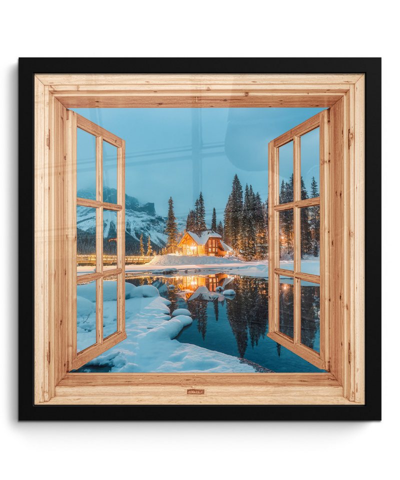 MuchoWow Poster Winterlandschaft - Natur - Haus - Berge - Aussicht - Fenster, (1 St), Bilderrahmen, Wand Dekoration Schlafzimmer, 40x40 cm von MuchoWow