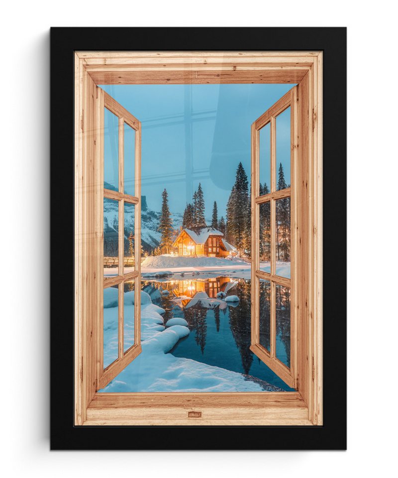 MuchoWow Poster Winterlandschaft - Natur - Haus - Berge - Aussicht - Fenster, (1 St), Bilderrahmen, Zimmer Deko, Bild für Wohnzimmer, 20x30 cm von MuchoWow