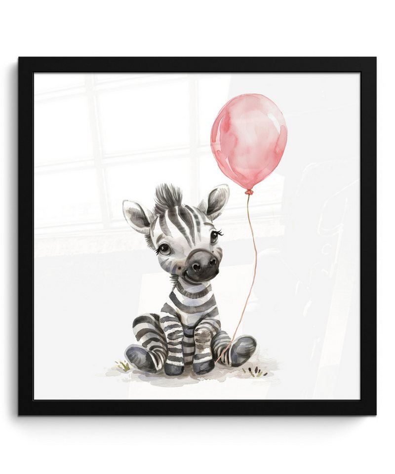 MuchoWow Poster Zebra - Baby - Tiere - Rosa Luftballon, (1 St), Bilderrahmen, Wand Dekoration Schlafzimmer, 40x40 cm von MuchoWow