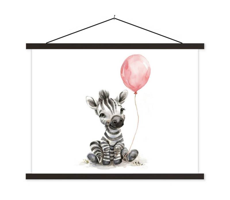 MuchoWow Poster Zebra - Baby - Tiere - Rosa Luftballon, (1 St), Magnetische Posterleiste, Holzleisten, Textilposter, 40x30 cm von MuchoWow