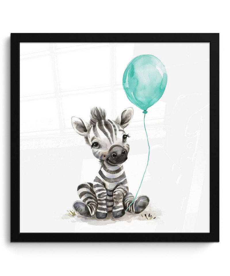 MuchoWow Poster Zebra - Babytier - Blauer Ballon, (1 St), Bilderrahmen, Wand Dekoration Schlafzimmer, 40x40 cm von MuchoWow