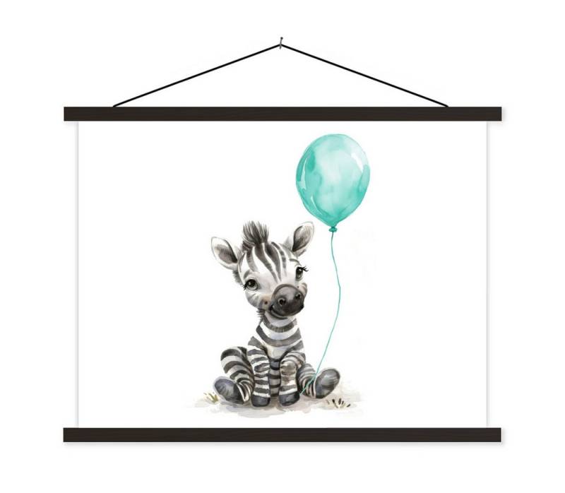 MuchoWow Poster Zebra - Babytier - Blauer Ballon, (1 St), Magnetische Posterleiste, Holzleisten, Textilposter, 40x30 cm von MuchoWow