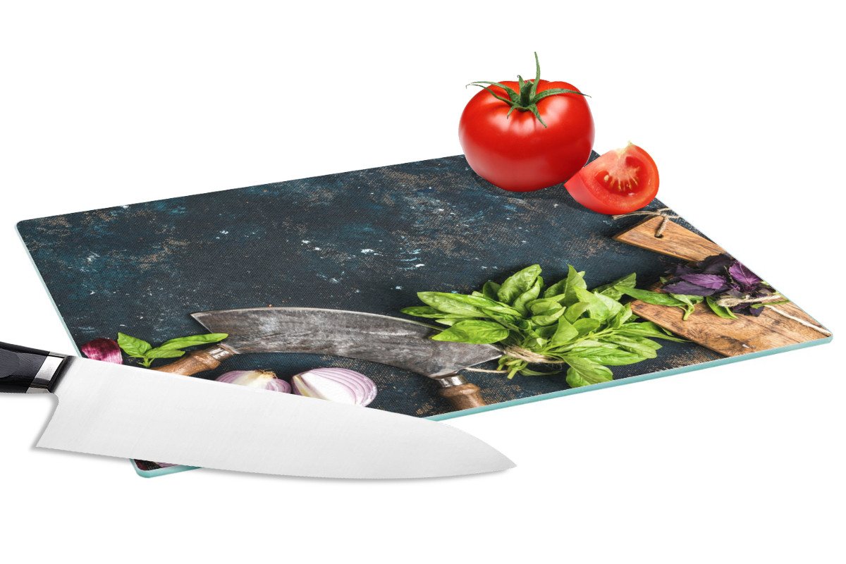 MuchoWow Schneidebrett Gemüse - Kräuter - Wiegemesser - Zwiebel - Gewürze - Rustikal, Glas, Schneidebrett Glas, Küchenbrett, Rutschfest, 28x20 cm MuchoWow Schneidebrett Gemüse - Kräuter - Wiegemesser - Zwiebel - Gewürze - Rustikal, Glas, Schneidebrett Glas, Küchenbrett, Rutschfest, 28x20 cm von MuchoWow
