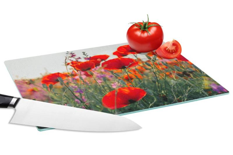 MuchoWow Schneidebrett Mohn - Blumen - Rot - Lila - Wiese, Glas, Schneidebrett Glas, Küchenbrett, Rutschfest, 28x20 cm von MuchoWow