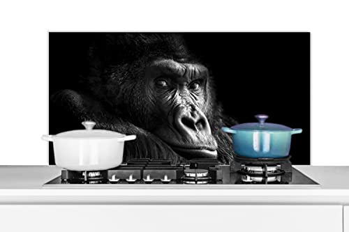 Spritzschutz Küche Küchenrückwand Alu Poster Bilder 100x50 cm Gorilla - Affe - Schwarz - Weiß - Porträt von MuchoWow