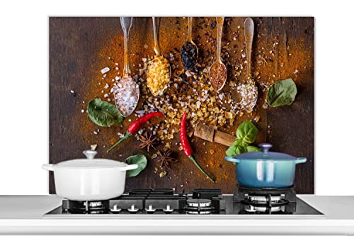 MuchoWow Spritzschutz Küche Küchenrückwand Alu Poster Bilder 100x65 cm Löffel - Kräuter - Chili - Gewürze - Salz von MuchoWow